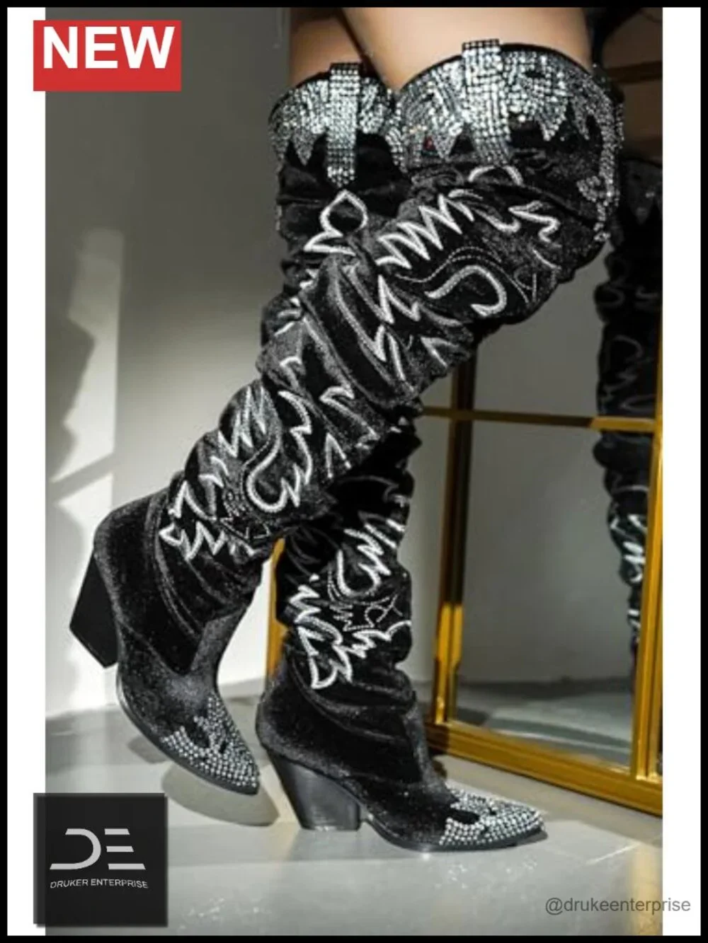 Rhinestone Embroidered Wide Calf Thigh High Slouchy Over The Knee Boots with